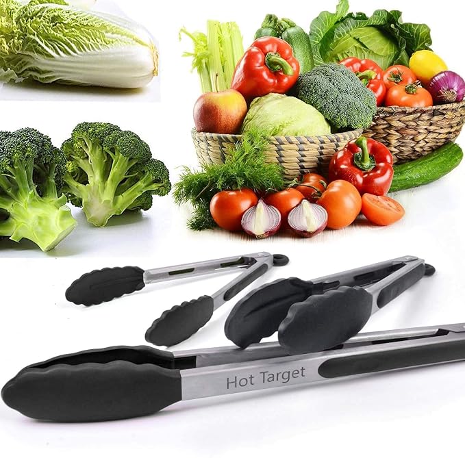 Non-Stick Kitchen Tongs for Cooking - Set of 3: 7, 9, 12-Inch Cooking Tongs w/Rubber/Silicone Tips | Stainless Steel Tong, Metal | Salad Tongs, Pasta, Food Serving, Grill Tongs, Bbq