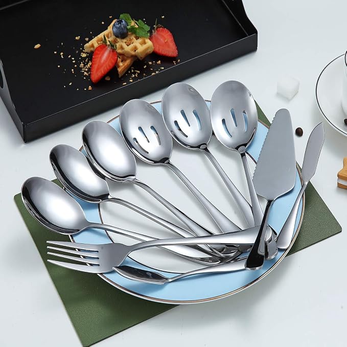 Serving Spoons 10 Pieces, Kyraton Serving Utensils, Serving Set Include 3 Serving Spoon, 3 Slotted Spoon, 1 Serving Fork, 1 Cake Server, 2 Butter Knife Spreaders