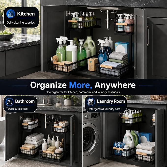 Under Sink Organizer 2 Pack, Double Slide Out Metal Shelf, Black | Pull Out Kitchen Storage Cabinet Organizer, 2-Tier Under Sink Storage Rack for Bathroom Laundry Kitchen Storage with Drawer