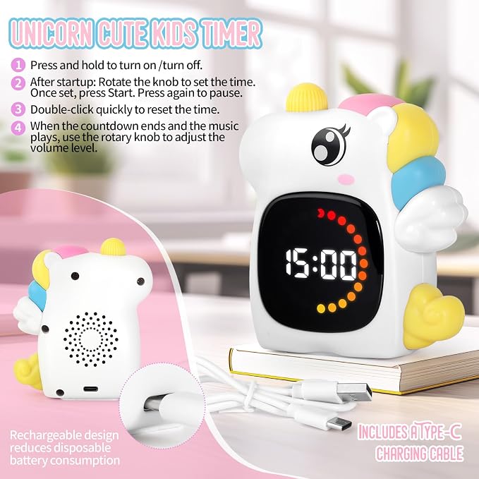 Unicorn Visual Timer for Kids, Rechargeable 99:59 Digital Countdown Potty Timer, Visual Time Progress Display, Adjustable Volume, Classroom Homeschool Study Timer