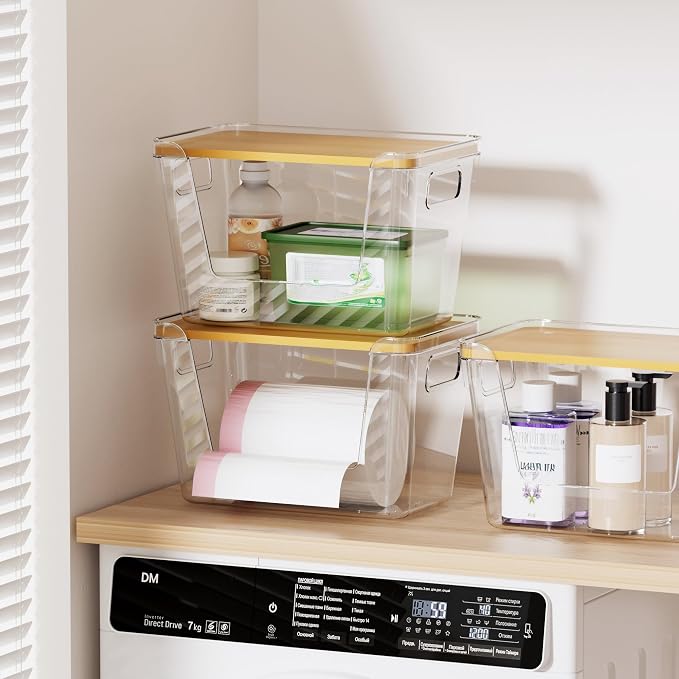 Delamu 2 Pack Trash Bag Dispenser, Stackable Garbage Bag Holder | Clear Acrylic Organizer Bins for Under Sink Organization, Pantry Storage, Cabinet, Kitchen, Laundry, Bathroom