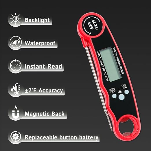 Digital Instant Read Meat Thermometer, Waterproof Red | 3-4 sec instant read cooking thermometer with ±2°F accuracy, ideal for grilling, BBQ, smoker, oven, baking & air frying