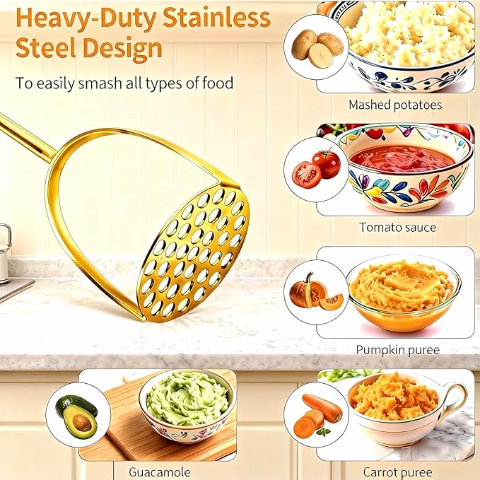 Potato Masher Stainless Steel, 14 Inch Potato Smasher - Kitchen Essential for Mashed Potatoes, Pumpkin, Carrots, Avocado & Fruits, Heavy Duty Metal Mashing Utensil (Gold)