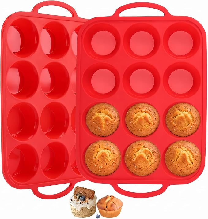 Redfly Silicone Muffin Pans for Baking 12 Cup with Metal Reinforced Frame, Nonstick 2Pack Regular Size Cupcake Pan, BPA Free Food Grade, Easy Release, Dishwasher Oven Freezer Safe for Egg Bite Molds