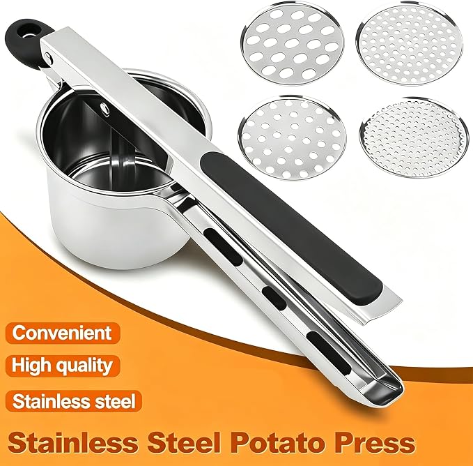 Potato Ricer Stainless Steel, 15 oz Heavy Duty Potato Masher with 4 Interchangeable Discs, Large Capacity Smooth Mashed Potatoes Press, Easy to Clean Kitchen Tool