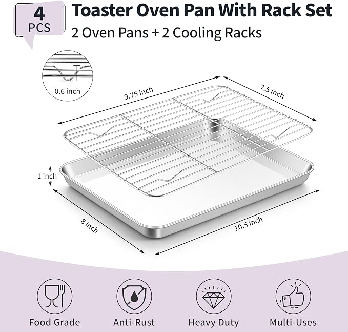 TeamFar Stainless Steel Toaster Oven Pan with Rack Set, 10.5"x 8"x 1" | 2 Pans + 2 Racks, Toaster Oven Baking Pan Tray with Cooling Rack for Cooking, Non-Toxic & Rust Proof, Dishwasher Safe