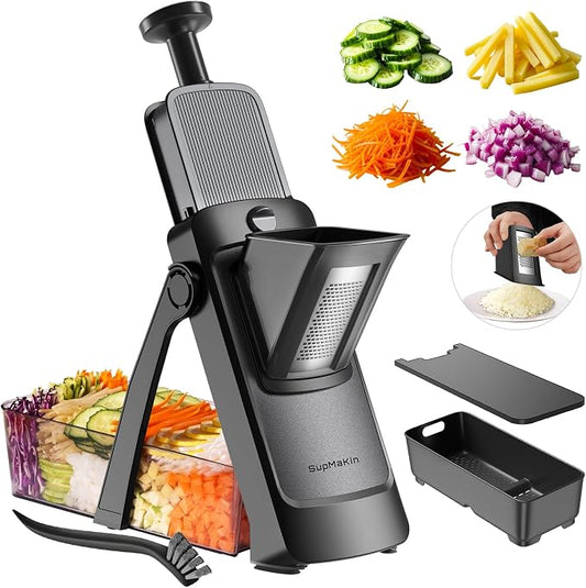 SupMaKin 8 IN 1 Upgraded Safe Mandoline Slicer,Multi Vegetable Chopper,Potato Slicer, Onion Chopper with Drain Basket Storage Container, Cheese Grater Kitchen Chopping Artifact (Black)
