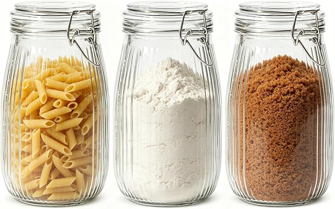 ComSaf Large Ribbed Glass Jars with Airtight Lids 51 oz 3 Pack Wide Mouth | Flour sugar coffee beans, Fermenting pickling, Farmhouse pantry decor, Countertop decor, Large capacity, Vintage Canisters