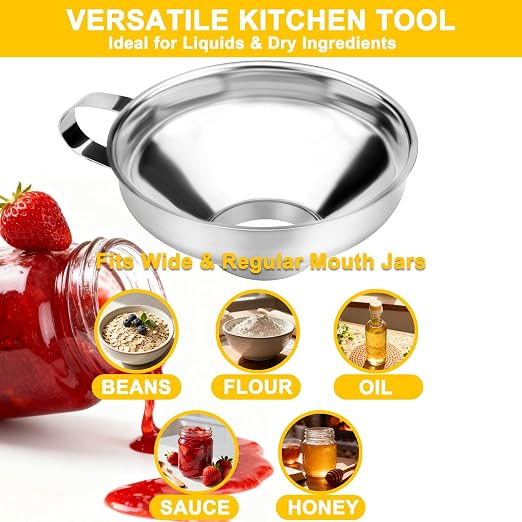 Stainless Steel Canning Funnel with Strainer, 3 Piece Wide & Regular Mouth Jar Funnels Set, Large & Small Metal Funnels with Detachable Umbrella Strainer, for Mason Jars, Jam, Liquids, Dry Goods