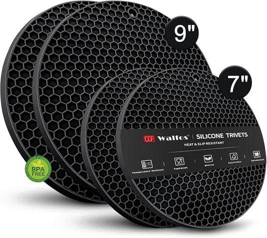 Silicone Trivet Mats - Walfos Heat Resistant Pot Holders Set, 4pcs 2 Sizes 7 Inch & 9 Inch, Multipurpose Non-Slip Hot Pads for Hot Pot, Hot Dishers, Jar Opener, Food Grade & BPA Free (Black)