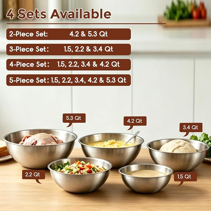Gronivex Stainless Steel Mixing Bowls Set, 4-Piece (1.5, 2.2, 3.4 & 4.2 Qt) | Food-Grade Metal,Dishwasher Safety,Stackable Nesting & Space-Saving, For home baking, salads, cooking, and RV or grilling use