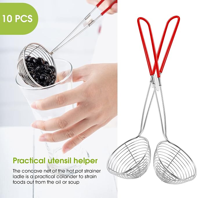 Geiserailie 10 Pieces Hot Pot Kit Strainer Scoops Stainless Steel 2.5 Inch Mini Spider Strainer Skimmer Pasta Mesh Spoon Asian Skimmer Spoon Ladle with Handle for Home (Red)