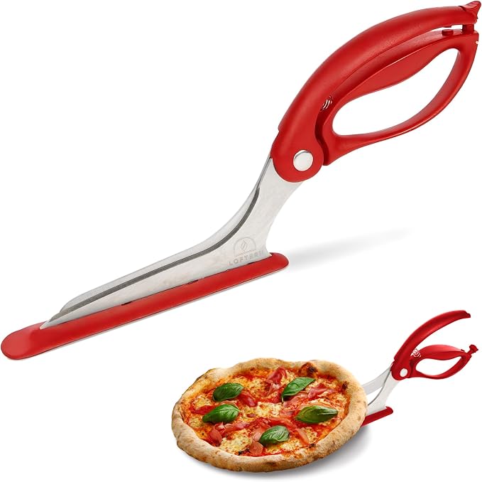 Pizza Scissors - Non-Stick Pizza Scissors with Firm Grip Base - Food Grade Stainless Steel Pizza Cutter - 5-in-1 Food Slicer & Pizza Server - Durable, Safe & Mess Free - Red