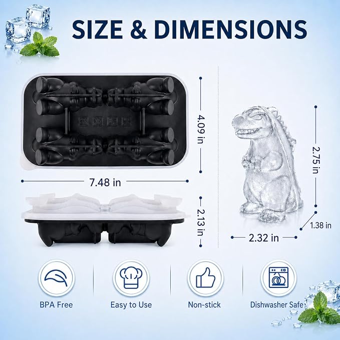 Dinosaur Ice Cube Tray Mold - Cute Fun Whiskey Ice Molds Gift for Women Men | 3D Dinosaur Shape Cute Ice Molds for Whiskey Bourbon, 4-Hole Large Fun Shapes Funny Gifts, for Animals Lovers Women Men