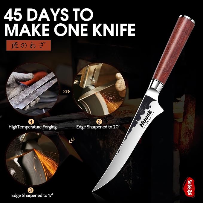 Huusk Boning Knife, Hand Forged 6" Fillet Knife, Butcher Knives Japanese Deboning Knives for Meat, Fish, Poultry, Rosewood Handle with Gift Box, Gifts Idea for Men Women