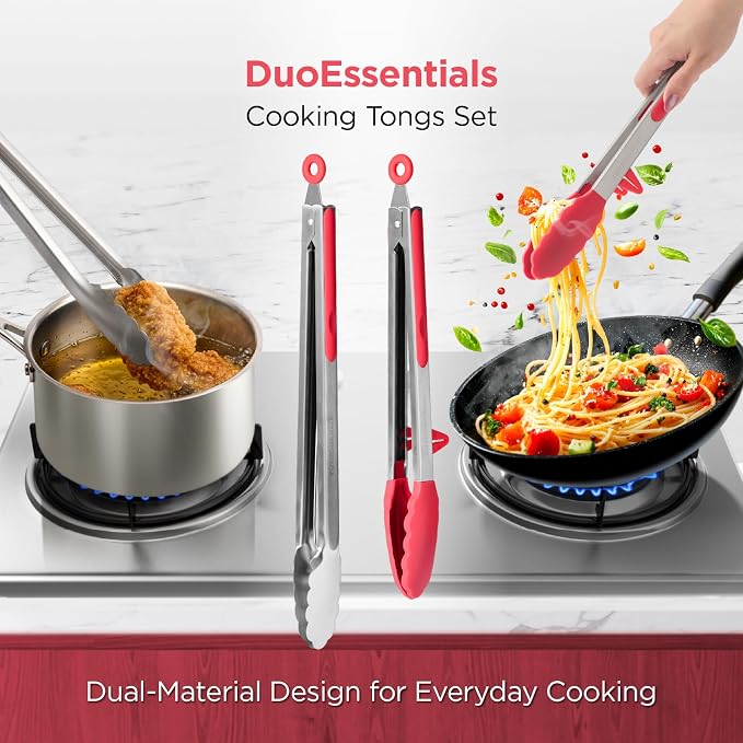 Kitchen Mama DuoEssentials Cooking Tongs Set, Red | Silicone Tip, Stainless Steel, Locking Ring, Heat Resistant, Non Stick Cookware Safe