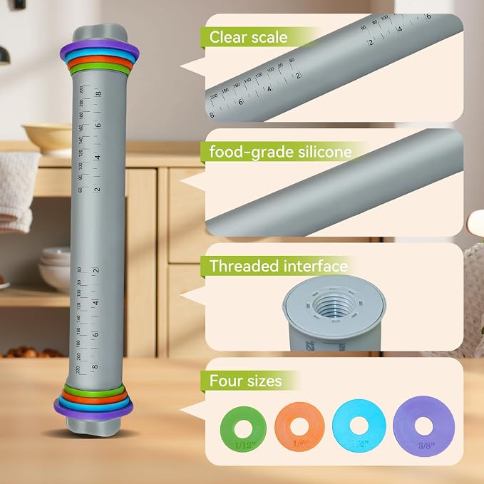 Silicone 9-Inch Adjustable Rolling Pin with 4 Thickness Rings, for Baking,Pizza, Cookie,Pastry, Pie,Baking Supplies for Cookie Fondant Pizza Cake Pasta（Gray）