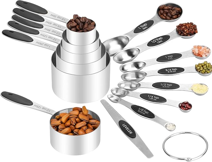 Measuring Cups and Spoons Set, 13-Piece Stainless Steel Measuring Cup and Magnetic Measuring Spoon Set, Stackable Kitchen Tools and Used for Dry Liquid Ingredients (Black)