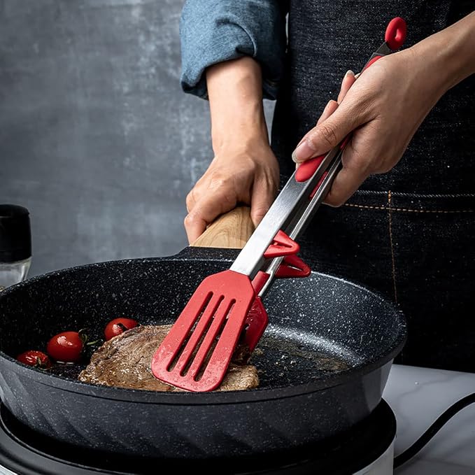 Silicone Tip Kitchen Tongs - 9 & 12 Inch with Locking Handle, Heat Resistant Stainless Steel for Grilling, Serving, BBQ, Non-Stick Pans (Black & Red)