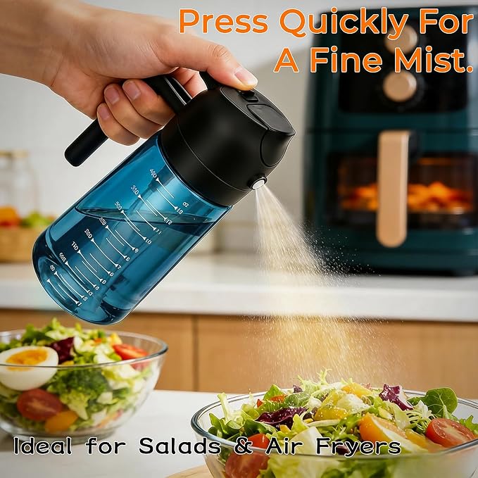 Glass Olive Oil Sprayer for Cooking (16oz/470ml), 2 in 1 Olive Oil Dispenser Bottle for Kitchen Gadgets and Air Fryer Accessories, Salad, BBQ (2-Pack, Blue Black)