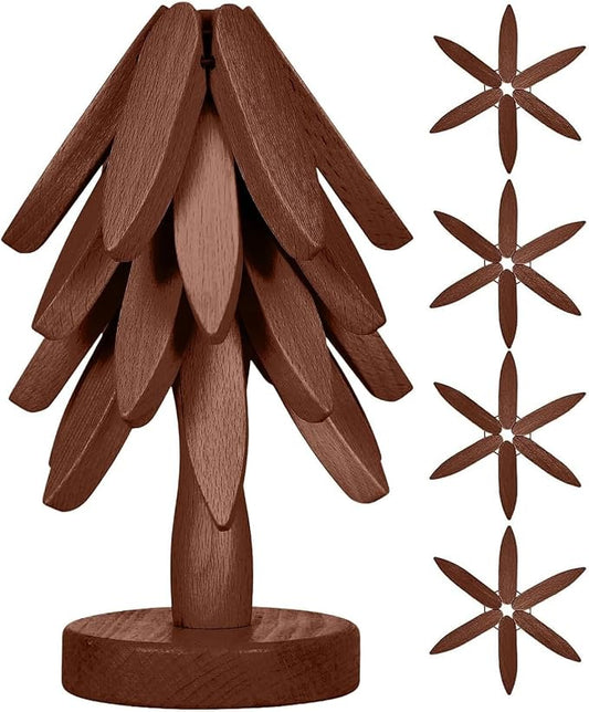 Wooden Cup Coaster Set，Tree Shape Trivet Set,Tree Coasters- 4 Wooden Trivets + 1 Stand stored for hot Dish/Pot/Bowl/teapot/hot Pot Set