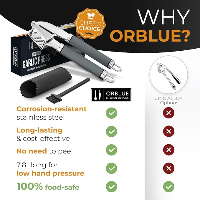 ORBLUE Garlic Press and Peeler Set, Stainless Steel - Professional Grade Mincer, Crusher - Dishwasher Safe & Rust-proof, Gray