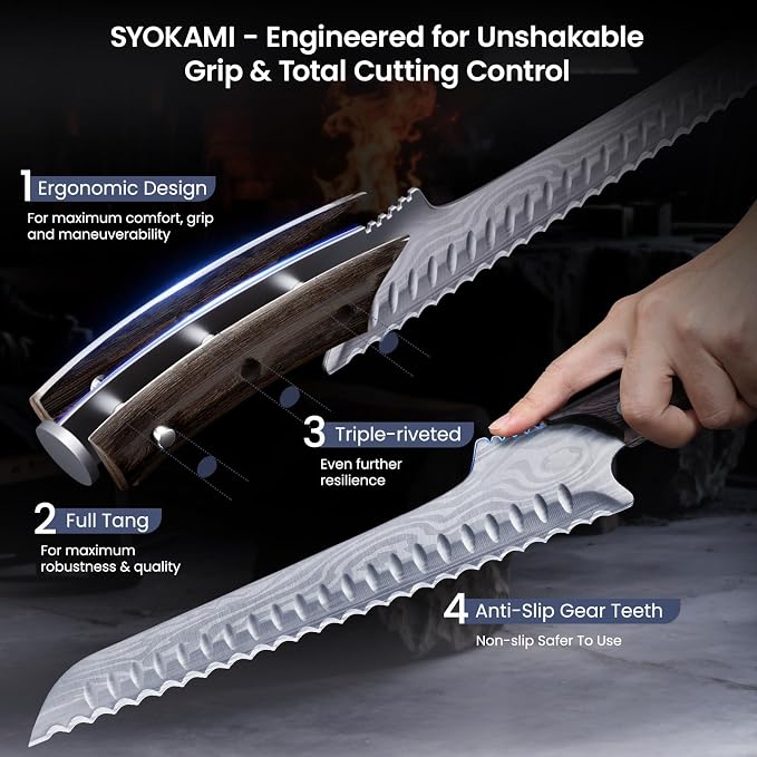 SYOKAMI 2026 New Upgraded Offset Bread Knife for Homemade Bread, 10.5 Inch Resharpenable Serrated Knife, Ultra-Sharp Sourdough Slicing, Perfect Kitchen Gift, Designed for Cutting Cakes, Fruits & Meat