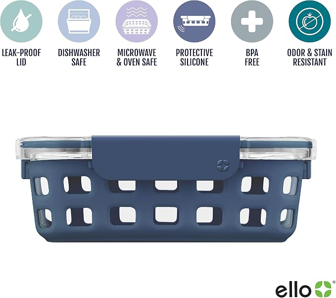 Ello Duraglass 5 Cup Glass Meal Prep Container with Lid, midnight | 5 cup glass meal prep container with silicone sleeve, leakproof BPA-free lid, microwave, freezer and dishwasher safe