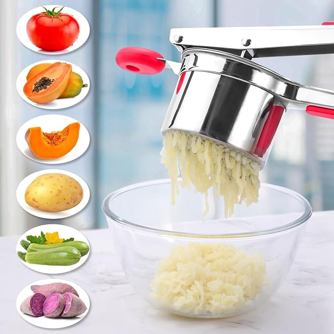 Large 15oz Potato Ricer Heavy Duty Stainless Steel Potato Masher and Ricer Kitchen Tool, Press and Mash Kitchen Gadget For Perfect Mashed Potatoes - Everytime (Red)