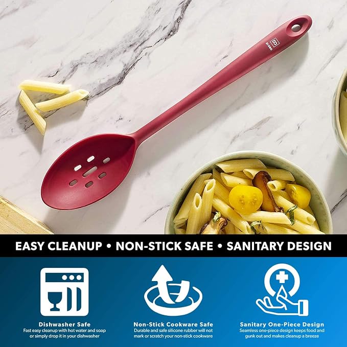 DI ORO Silicone Slotted Spoon - 600°F High Heat Silicone Spoon for Cooking Nonstick Cookware Safe - Silicone Kitchen Spoon for Serving & Stirring - Large Spoon for Mixing - Dishwasher Safe (Red)