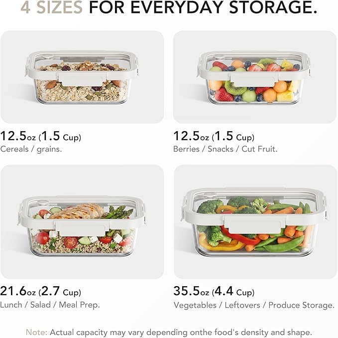 4 Pack Glass Produce Storage Containers for Fridge with Glass Lids | 82oz Borosilicate Produce & Meal Prep Containers, Airtight Leakproof BPA Free Fridge Organizer, Microwave Dishwasher Safe