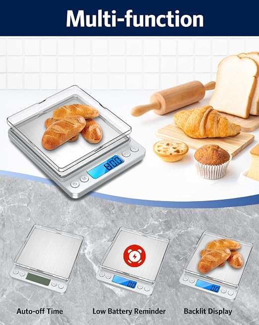 Digital Food Scale 500g/0.01g Gram Scale, Upgraded Mini Pocket Scale with 6 Units, 2 Trays, Auto Off, Tare, PCS for Food, Jewelry, Coin, Coffee (2 AAA Batteries Included)