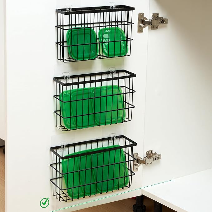 Sinnsally 3 Pack Cabinet Door Organizer,Self Adhesive Lid Organizers Inside Cabinet Storage Boxes,Hanging Storage Basket Organizer Wall Mounted Pantry Caddy Cup Holder for Kitchen,Fridge,Bathroom