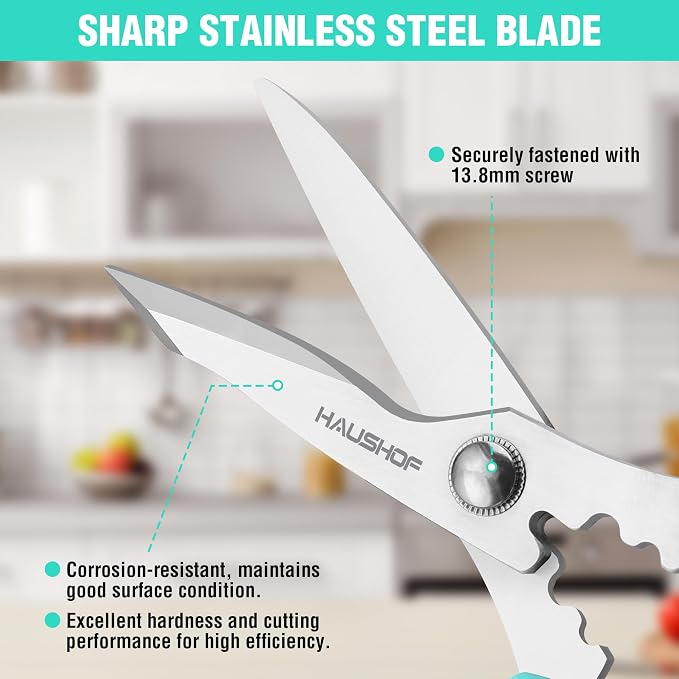 HAUSHOF Kitchen Scissors for Food, Heavy Duty Kitchen Shears, Sharp Stainless Steel Shears with Soft Grip, U-Groove Design, 8-1/4" Food Scissors for Meat, Vegetables, Fine Bones