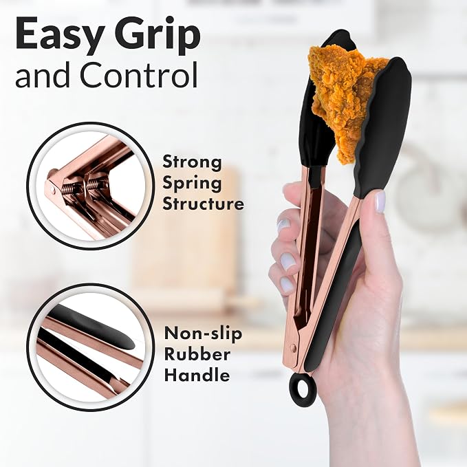 Zulay Stainless Steel Kitchen Tongs with Silicone Tips - Set of 2 (9” & 12”) Locking Cooking Tongs with Non-Slip Grip - Heat Resistant, BBQ Food Tongs for Non-Stick Cooking Pans (Rose Gold/Black)