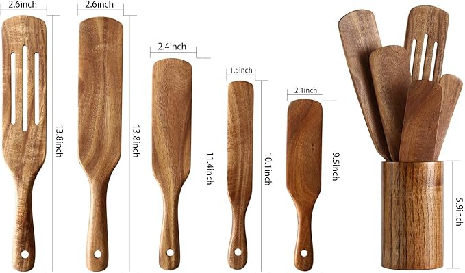 Wooden Spurtles Set with Holder, Natural Teak Kitchen Utensil Set of 6, Heat Resistant Non Stick Wood Cookware with Hanging Hole, Wood Spurtles Spatula Sets for Stirring, Mixing, Serving