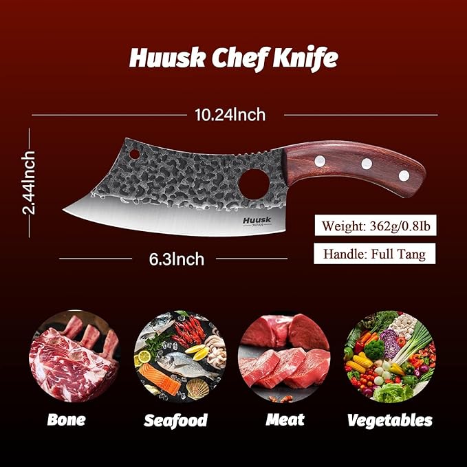 Huusk Meat Cleaver Knife, Hand Forged Butcher Knife for Meat Cutting, Full Tang Viking Knives with Sheath, Japanese Chef Knives for Outdoor Cooking, Camping, BBQ, Father Gift for Man and Women