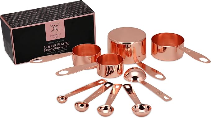 Copper Measuring Cups and Spoons Set - 9-Piece Food-Grade Stainless Steel Measuring Set with 2 Storage Rings for Heavy Duty Cooking & Baking, Rose Gold