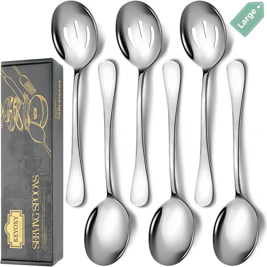 Stainless Steel Serving Spoons Set, 6pc, 10-Inch, Includes 3 Large, 3 Slotted, for Parties/Kitchen/Buffet/Catering, Dishwasher Safe