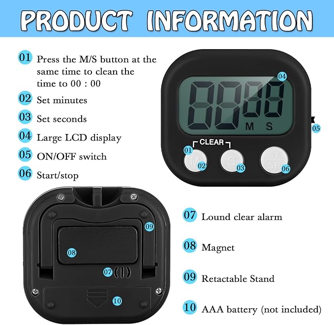 Xuhal 50 Pieces Digital Kitchen Timer Bulk, Small Magnetic Timers for Classroom, Digits Stopwatch Clock Timer for Cooking Baking Sports Games Office, Not Including Battery (Black,White)