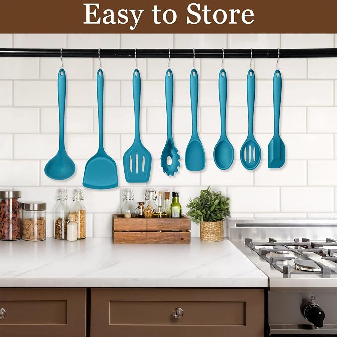 LIANYU 8Pcs Kitchen Utensils Set, Heat Resistant Spatula Set, Cooking Tools Gadgets for Nonstick Cookware, Includes Silicone Spatula, Ladle, Spoon Turner, Dishwasher Safe, Blue