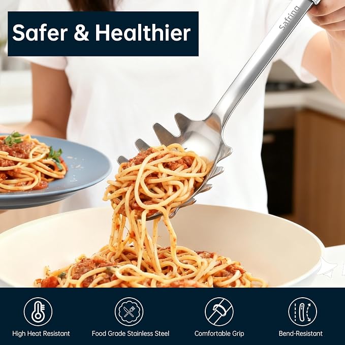 Safring Stainless Steel Soup Ladle and Spaghetti Spoon Set, Heat Resistant Rubber Handle, Dishwasher Safe, Kitchen Utensils for Cooking, Stirring, Serving Pasta, Soup & Sauce (Mint)