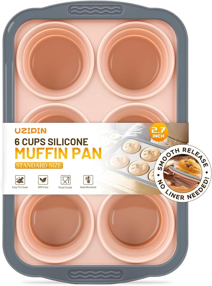 Silicone Muffin Pan, 6 Cups Non-Stick Cupcake Pan, Food-Grade BPA-Free Muffin Tin, Oven-Safe 450 °F, Reinforced Steel Frame, Easy-Grab Handles, Quick-Release 2.7" Baking Molds for Mini Treats
