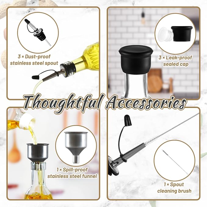 1-Pack Glass Oil Dispenser 500ML/17OZ, Vinegar Bottle with Stainless Steel Pourer, Brush, Funnel, Seal Cap (Sunflower)