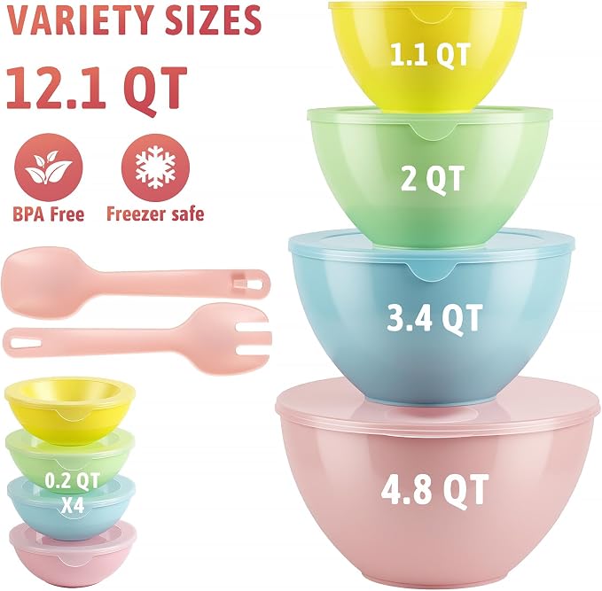 16 Piece Plastic Mixing Bowls with Lids Set includes 8 Prep Bowls & 8 Lids | Nesting Design, 2-in-1 Spoon-Fork, 1.1/2/3.4 /4.8QT, Large Salad Bowl for Preparing, Serving, and Storing, Dishwasher Safe