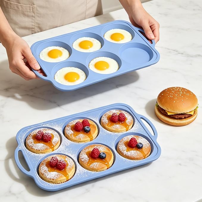 Nonstick Silicone Muffin Top Pan: 2 Pcs 6-Cavity 4 Inch Jumbo Silicone Egg Mold with Metal Frame for Baking Breakfast Sandwich Hamburger Buns Whoopie Pie Egg Bites - Easy Clean Oven Safe - Light Blue