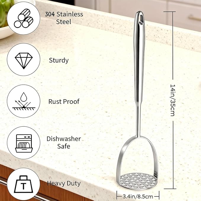 Potato Masher Stainless Steel, 14 Inch Potato Smasher - Kitchen Essential for Mashed Potatoes, Pumpkin, Carrots, Avocado & Fruits, Heavy Duty Metal Mashing Utensil (Silver)