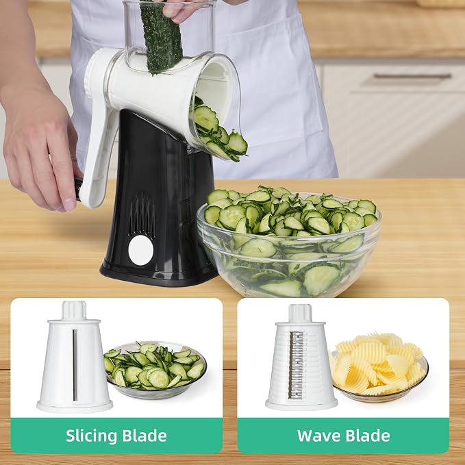 5 in 1 Rotary Cheese Grater, Manual Hand Crank Cheese Grater With Reinforced Suction & 5 Interchangeable Blades, Multifunctional Cheese Shredder, Easy to Use and Clean, Black