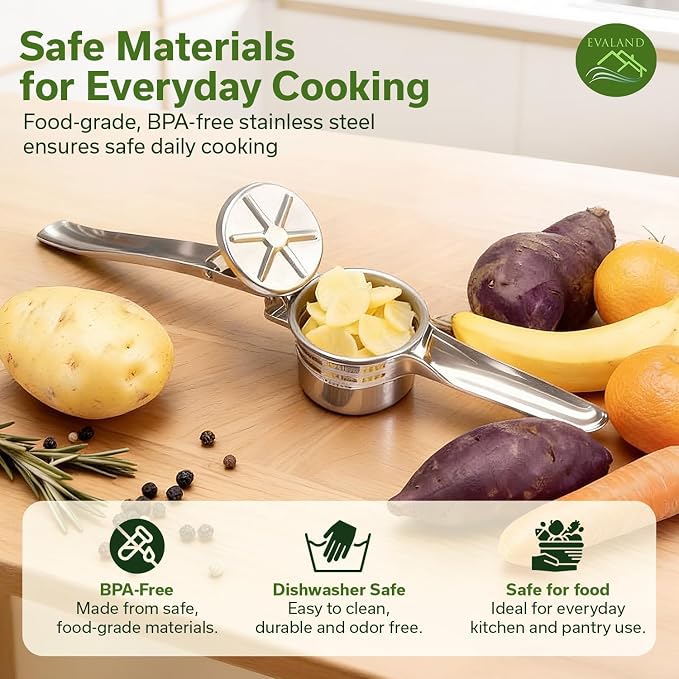 EVALAND Stainless Steel Potato Ricer and Masher - With 3 Interchangeable Disks, 15oz Heady Duty Ergonomic Potato Ricer For Mashed Potatoes Tool, Mash Potatoes Masher, Dishwasher Safe Spaetzle Maker
