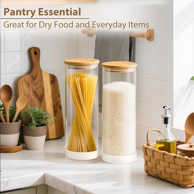 73oz Glass Spaghetti Pasta Containers for Pantry Organization, 3-Pack Large Airtight Food Jars with Bamboo Lids and Protective Silicone Base, Clear Storage Canisters for Flour, Cereal, Rice